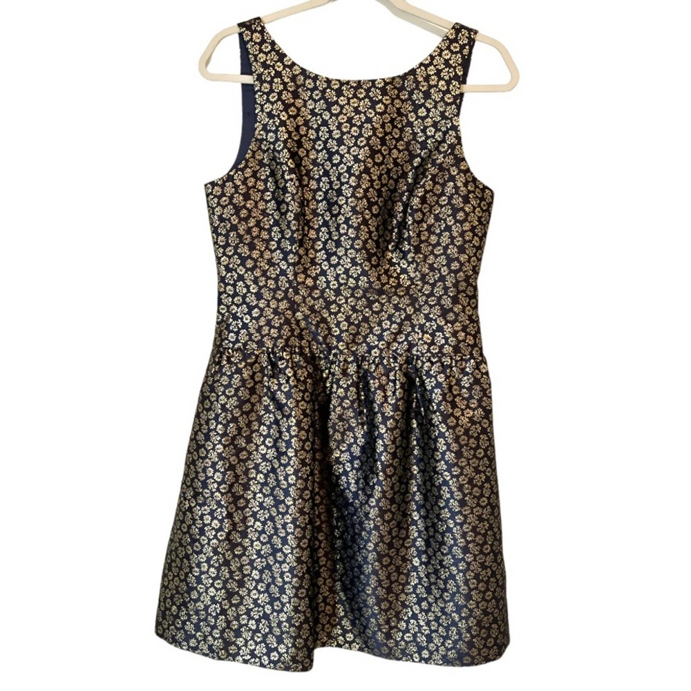 J. Crew Navy and Gold Floral Brocade Fit-and-Flare Dress